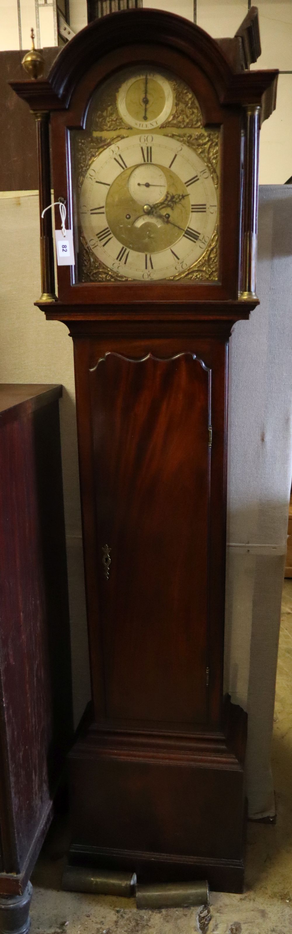 A George III mahogany 8 day longcase clock, brass and silvered dial-marked John May Southampton, height 207cm